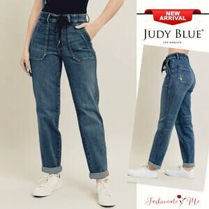 Judy Blue High Rise Drawstring Waist Vintage Dark Washed Relaxed Boyfriend Jeans